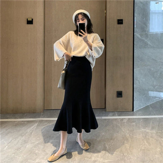 Knitting Knitting Winter Elegance High Elastic Waist Wrap Hip Temperament Ruffles A-line Skinny Mermaid Women Long Skirt