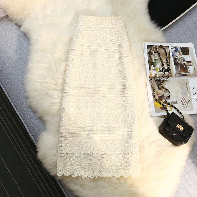 High Waist Lace Elegant Women s Midi Skirts 2022 New Female Minimalism Chic Back Split Sheath Wrap Skirts Spring Summer