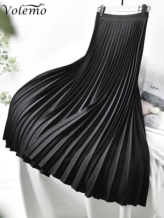 Women Spring Autumn Elegant Chic Solid Pleated Skirt High Waist Luxury Fashion with Elastic Female Long Skirts