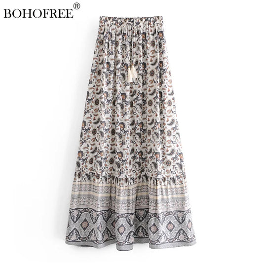 Bohemian Floral Hippie Fadal Casual Beachwear Rayon Cotton Tassel Maxi Skirts Women's Skirt