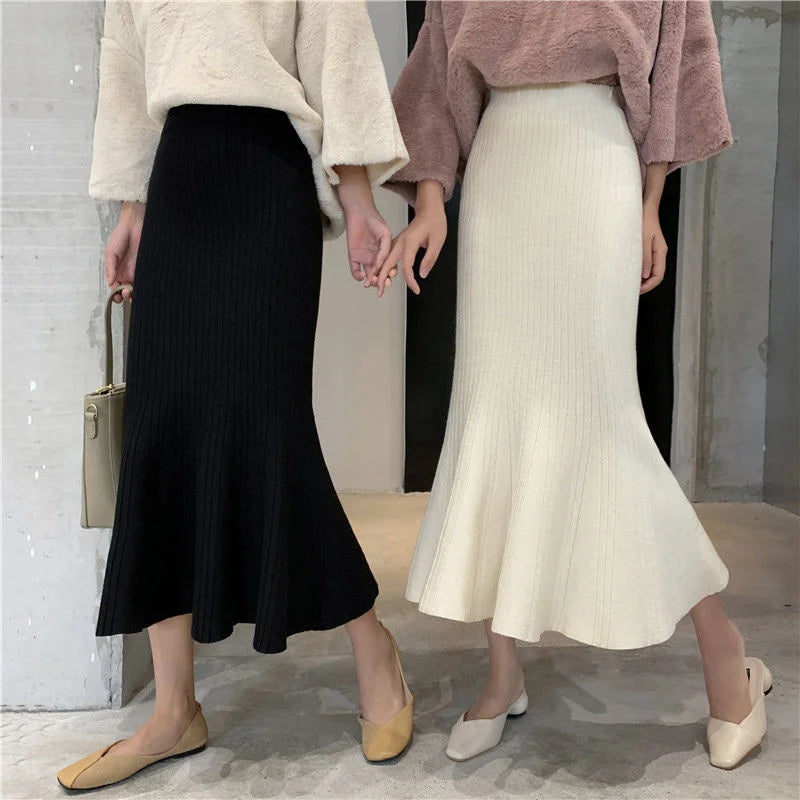 Knitting Knitting Winter Elegance High Elastic Waist Wrap Hip Temperament Ruffles A-line Skinny Mermaid Women Long Skirt