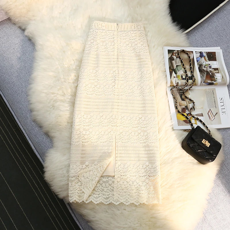 High Waist Lace Elegant Women s Midi Skirts 2022 New Female Minimalism Chic Back Split Sheath Wrap Skirts Spring Summer