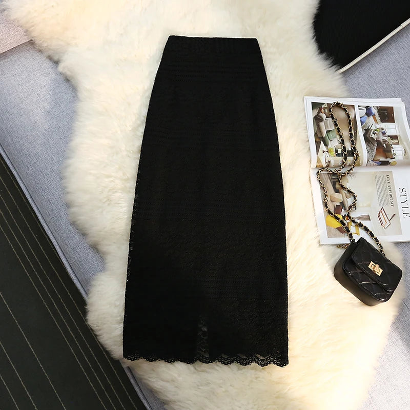 High Waist Lace Elegant Women s Midi Skirts 2022 New Female Minimalism Chic Back Split Sheath Wrap Skirts Spring Summer
