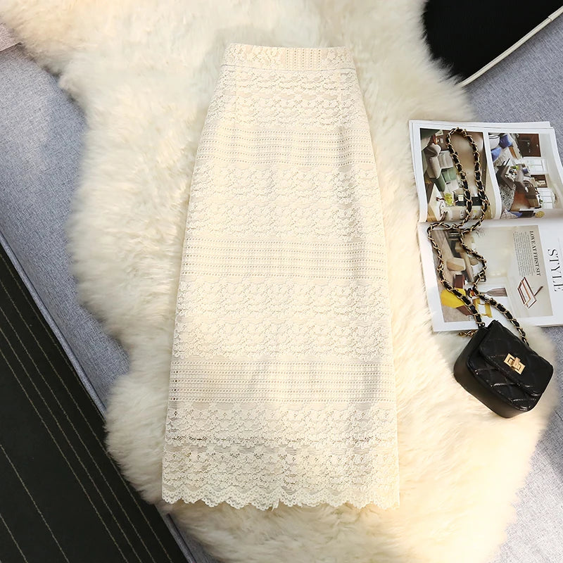 High Waist Lace Elegant Women s Midi Skirts 2022 New Female Minimalism Chic Back Split Sheath Wrap Skirts Spring Summer
