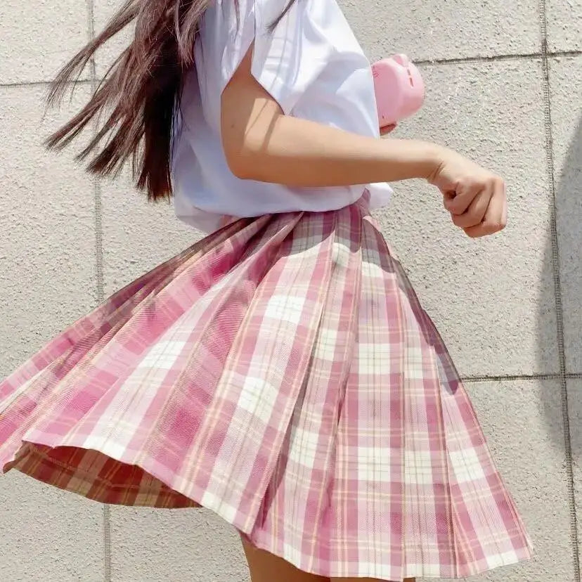 Summer Women's Mini Skirt Harajuku Korean Fashion Sweet Cute Jk Kawaii Skirt Girl High Waist Plaid Pink Pleated Skirt
