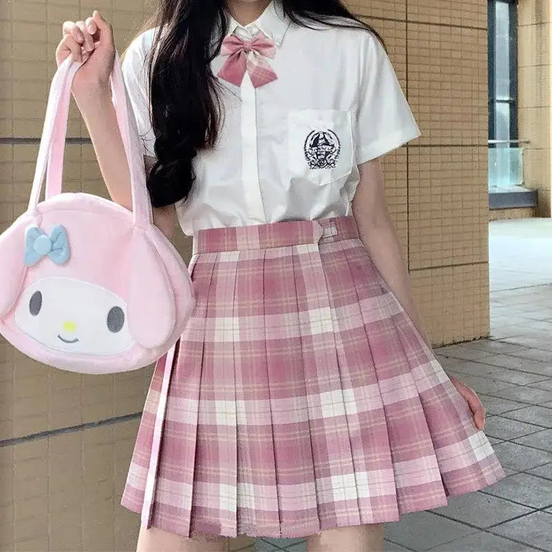 Summer Women's Mini Skirt Harajuku Korean Fashion Sweet Cute Jk Kawaii Skirt Girl High Waist Plaid Pink Pleated Skirt