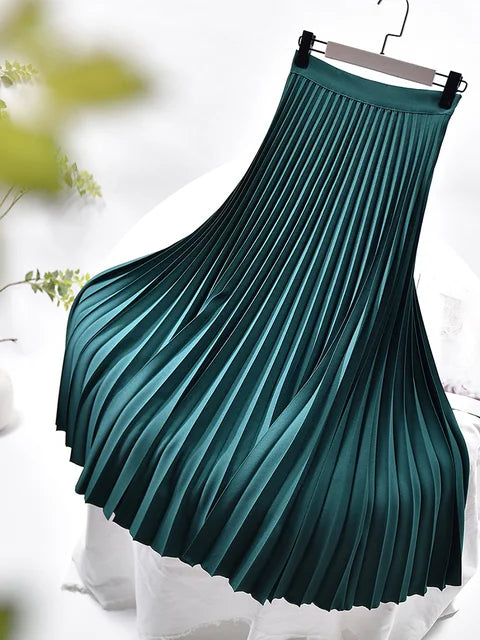 Women Spring Autumn Elegant Chic Solid Pleated Skirt High Waist Luxury Fashion with Elastic Female Long Skirts