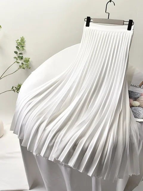 Women Spring Autumn Elegant Chic Solid Pleated Skirt High Waist Luxury Fashion with Elastic Female Long Skirts