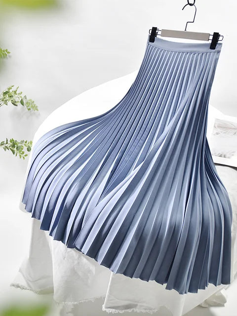 Women Spring Autumn Elegant Chic Solid Pleated Skirt High Waist Luxury Fashion with Elastic Female Long Skirts
