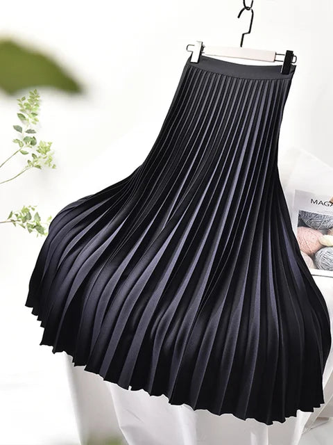 Women Spring Autumn Elegant Chic Solid Pleated Skirt High Waist Luxury Fashion with Elastic Female Long Skirts