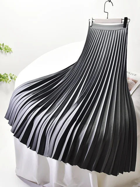 Women Spring Autumn Elegant Chic Solid Pleated Skirt High Waist Luxury Fashion with Elastic Female Long Skirts
