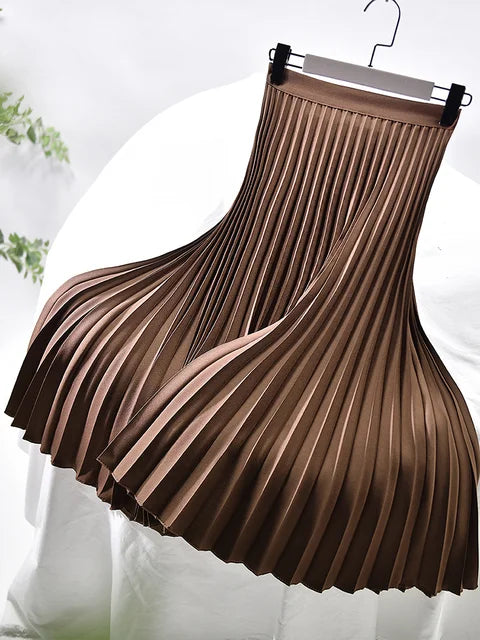 Women Spring Autumn Elegant Chic Solid Pleated Skirt High Waist Luxury Fashion with Elastic Female Long Skirts
