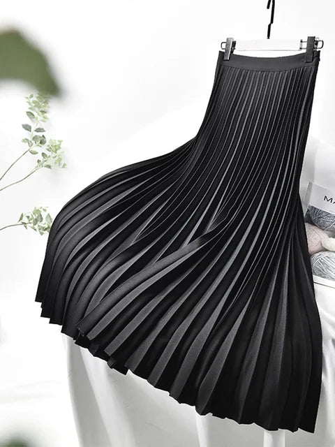 Women Spring Autumn Elegant Chic Solid Pleated Skirt High Waist Luxury Fashion with Elastic Female Long Skirts