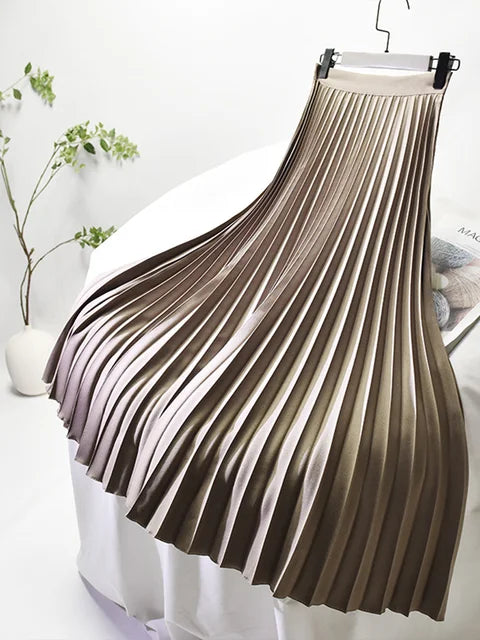 Women Spring Autumn Elegant Chic Solid Pleated Skirt High Waist Luxury Fashion with Elastic Female Long Skirts
