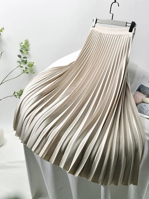 Women Spring Autumn Elegant Chic Solid Pleated Skirt High Waist Luxury Fashion with Elastic Female Long Skirts