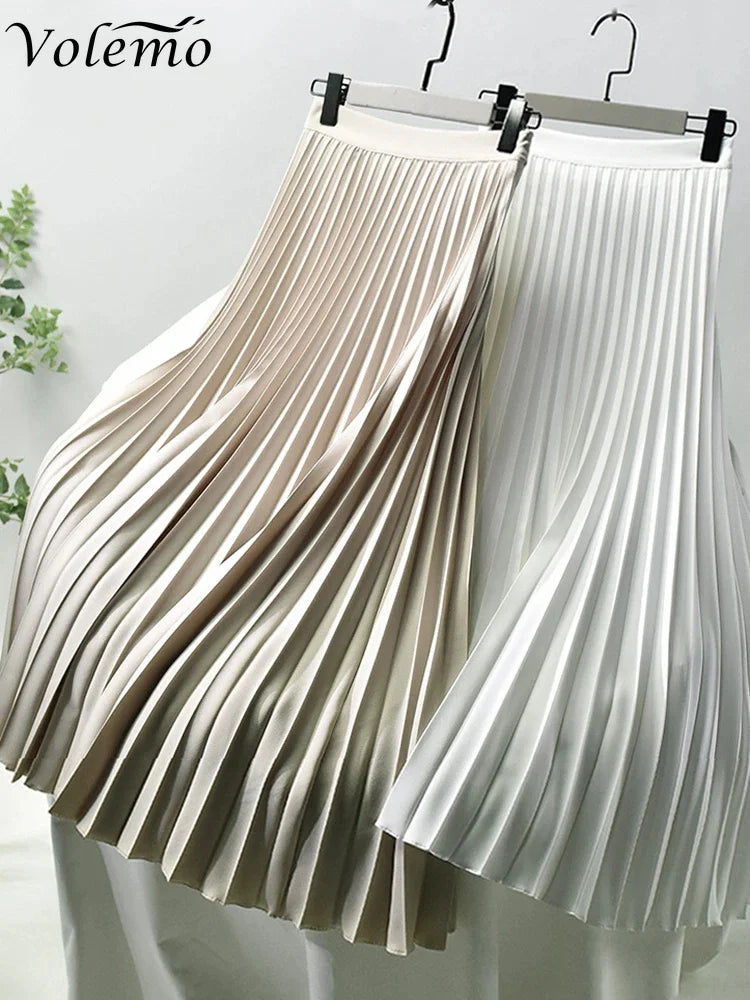 Women Spring Autumn Elegant Chic Solid Pleated Skirt High Waist Luxury Fashion with Elastic Female Long Skirts