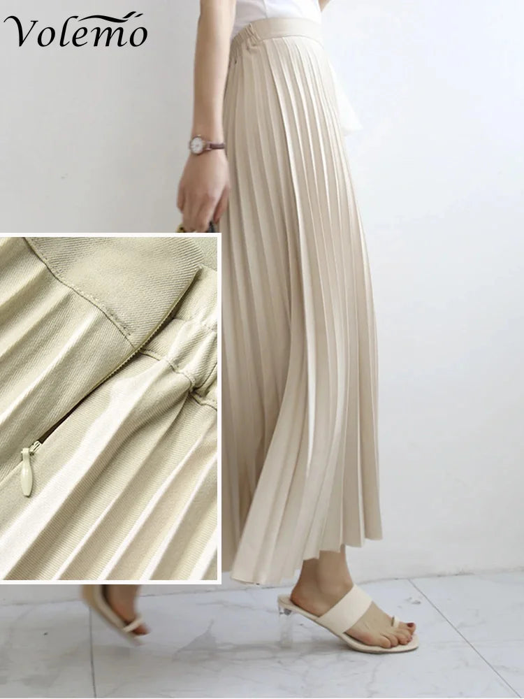 Women Spring Autumn Elegant Chic Solid Pleated Skirt High Waist Luxury Fashion with Elastic Female Long Skirts